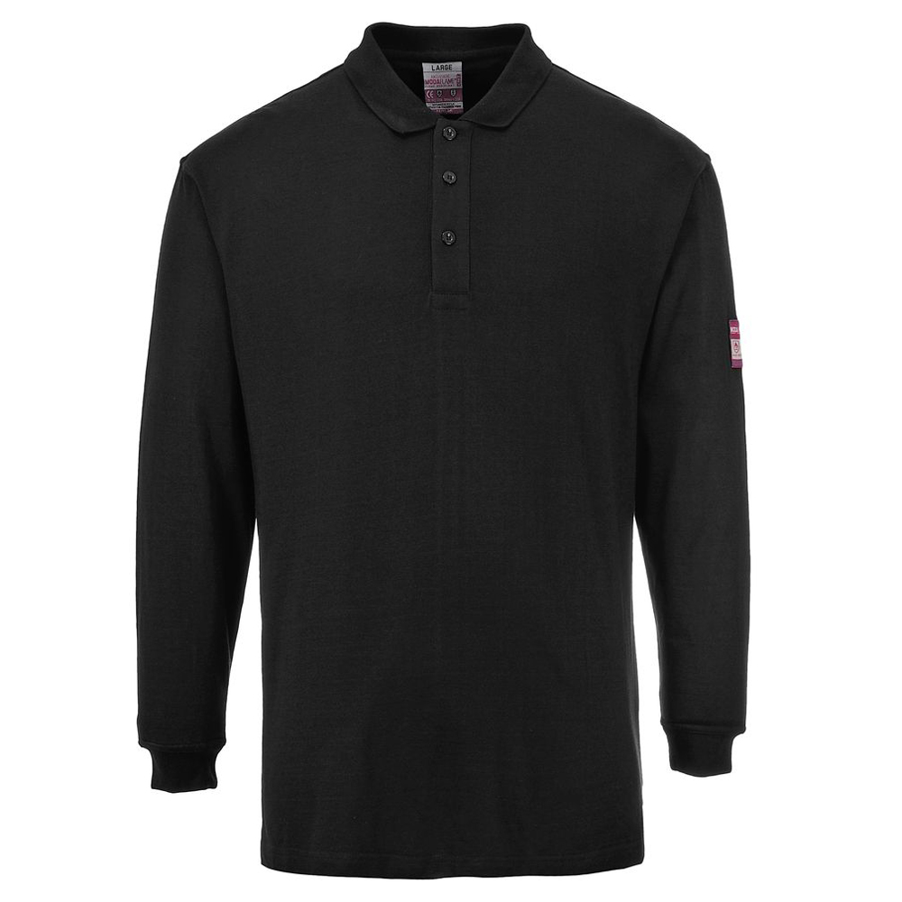 Portwest FR10 Flame Resistant Anti-Static Long Sleeve Polo-Shirt - Black - Small